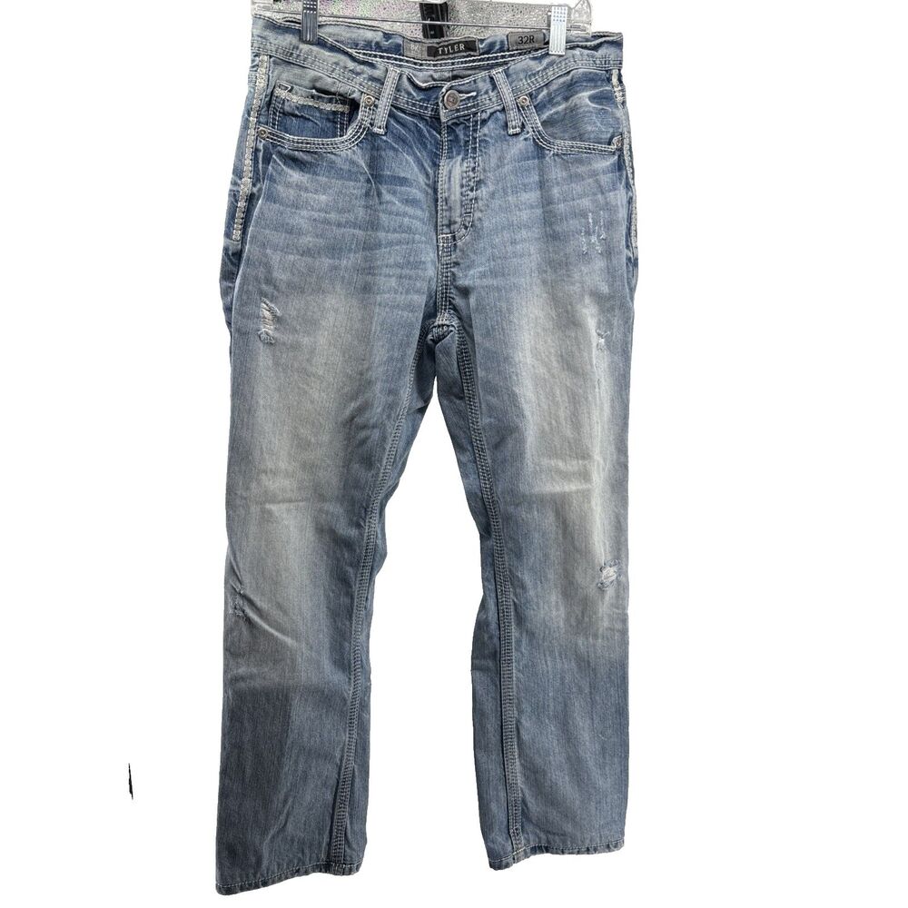 BKE Tyler Straight Leg Jeans 32R Faded Distressed Blue Stretch Denim